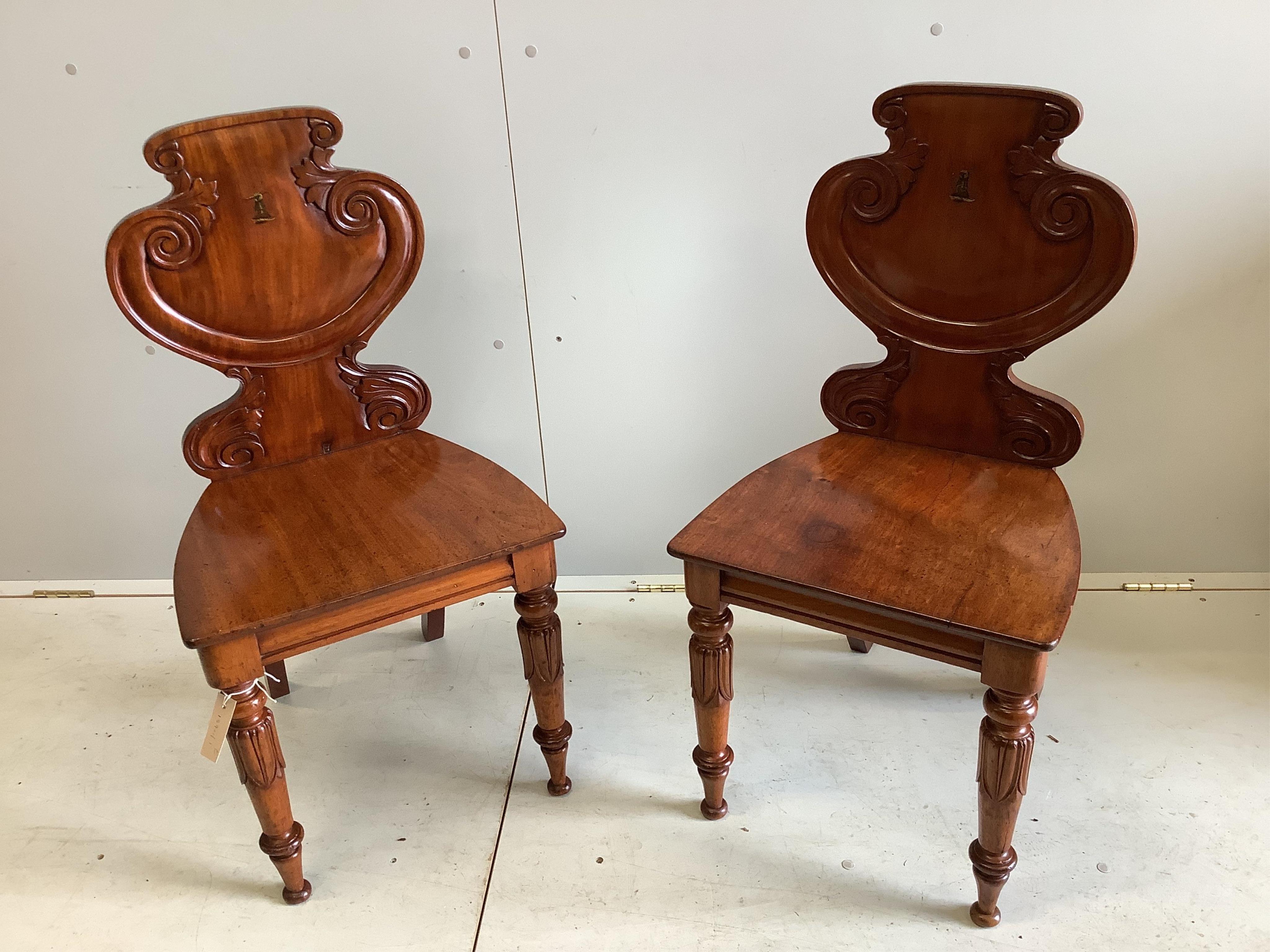 A pair of William IV Irish mahogany hall chairs with painted armorials, width 44cm, depth 38cm, height 84cm. Condition - good